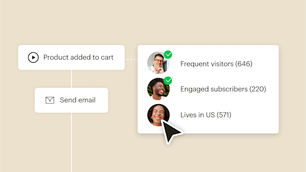 E-commerce interface showing customer segments: frequent visitors (646), engaged subscribers (220), and US residents (571), with profile icons