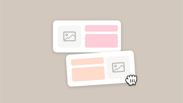 Minimalist illustration of two stacked white cards or content blocks with pink highlights and gray image placeholders on a light background