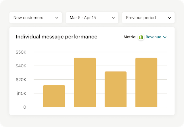 Image of an abstract dashboard interface with filter options and a bar graph. The visual suggests how users can filter by audience, campaigns, and ecommerce metrics.
