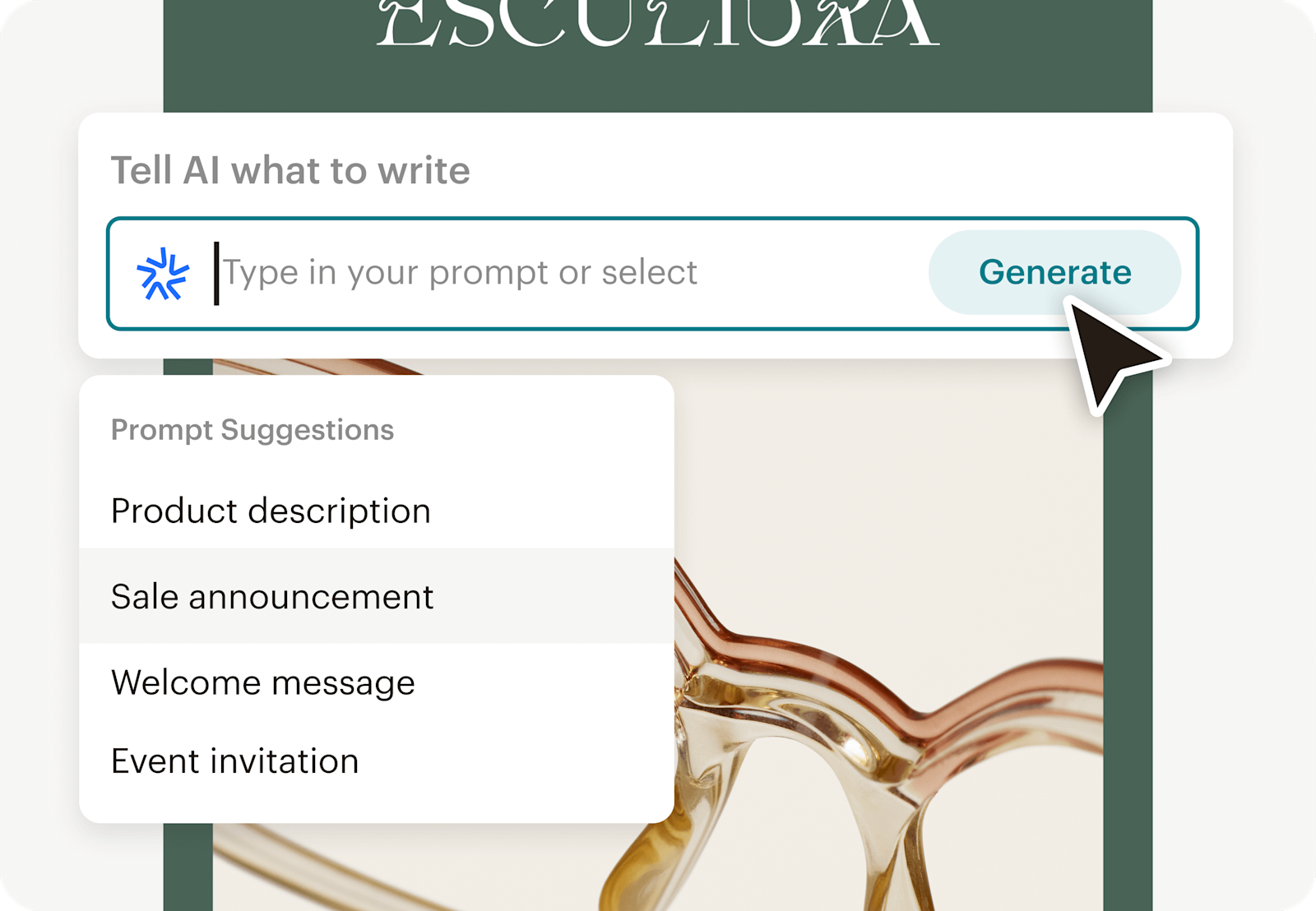 Image of an abstract email interface, where the headline is being actively edited using Mailchimp's generative AI builder feature. The AI suggests creative and engaging headlines and also offers prompt suggestions such as a sales announcement.
