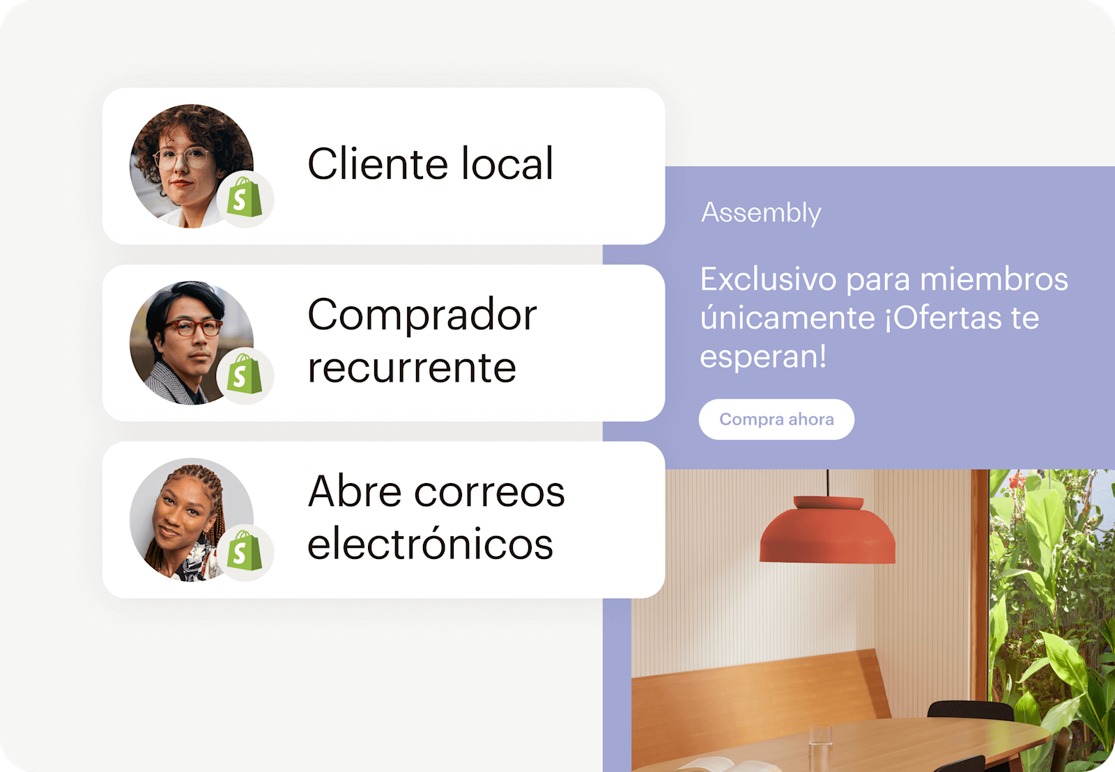 Imagen que muestra una interfaz de usuario abstracta flotante de un correo electrónico de la marca ficticia Assembly, junto a varios perfiles de clientes. La imagen muestra cómo los usuarios pueden integrar datos de clientes para potenciar campañas y generar compras.