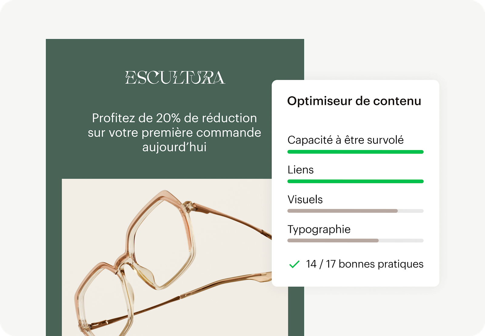 Image montrant une interface abstraite d’e-mail de réduction de la marque fictive Escultura, à côté de l’interface utilisateur abstraite flottante de l’optimiseur de contenu de Mailchimp. Le visuel montre comment les utilisateurs peuvent stimuler l’engagement grâce à des recommandations basées sur des données.