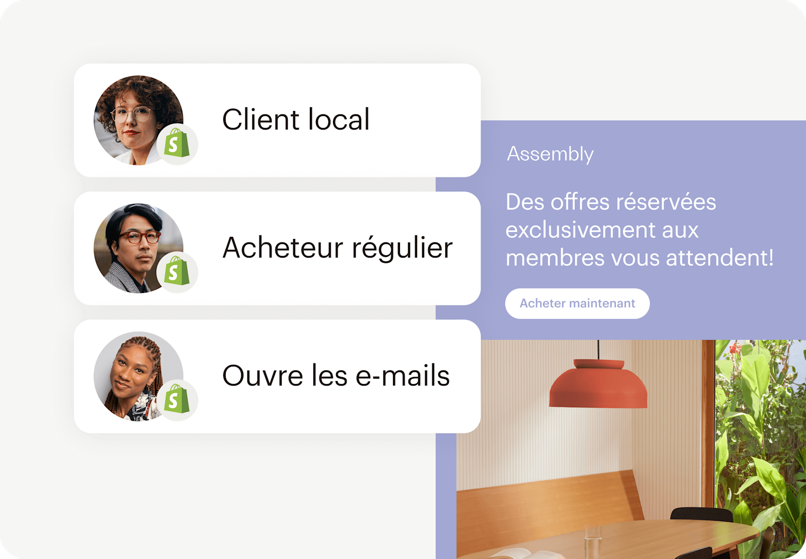 Image montrant l’interface utilisateur abstraite flottante d’un e-mail de la marque fictive Assembly, aux côtés de plusieurs profils de clients. Le visuel montre comment les utilisateurs peuvent intégrer les données client pour alimenter des campagnes et générer des ventes.