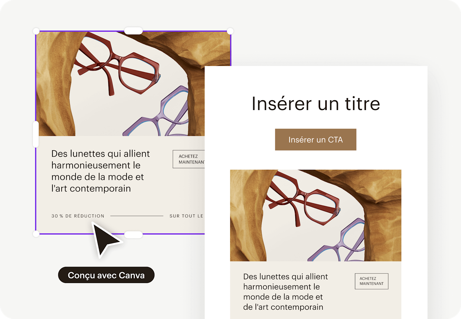 Image d’une interface graphique abstraite de Canva, où une illustration est en cours d’importation dans la mise en page d’une campagne par e-mail. Le visuel montre comment les utilisateurs peuvent utiliser diverses intégrations dédiées à la création, telles que Canva et Shutterstock.