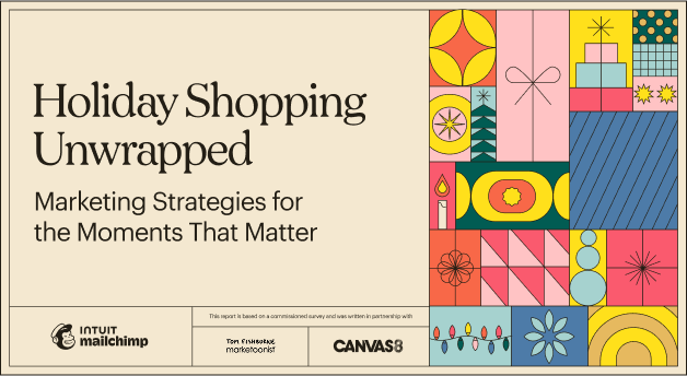 Colorful geometric holiday-themed illustration with wrapped presents and festive patterns promoting a marketing guide by Mailchimp and Canvas8