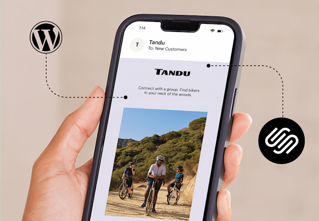 A person holds a smartphone displaying an email about Tandu, a biking app, showing cyclists on a trail. WordPress and Squarespace logos are included.